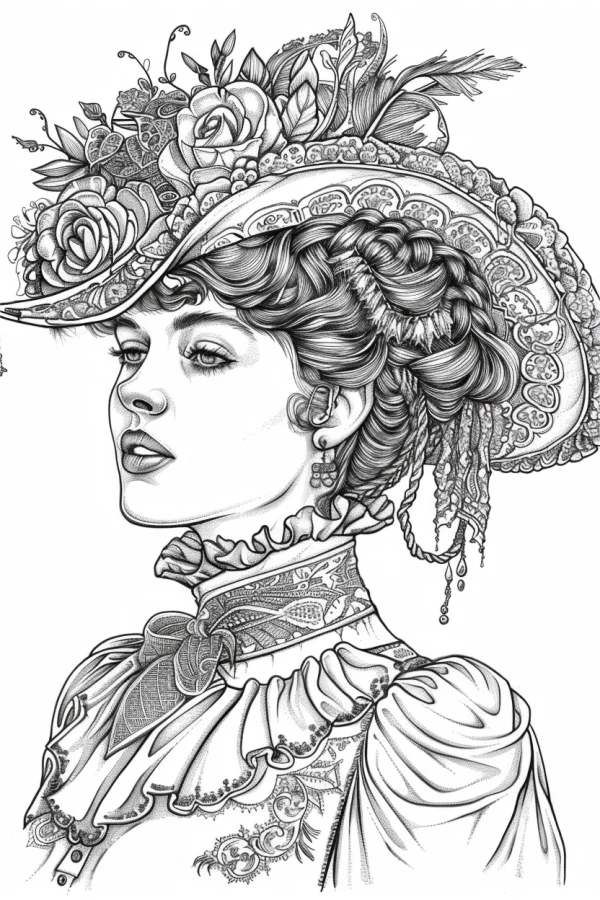 Victorian woman wearing ornate wide-brimmed hat decorated with roses, feathers and floral patterns — free printable victorian coloring book page