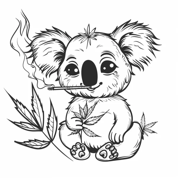 Koala smoking cannabis joint, holding cannabis leaf with a small cannabis leaf on head — free printable parody coloring book page