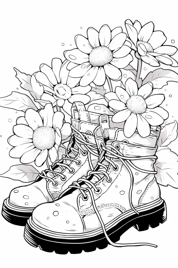 Coloring book page, work boots surrounded by daisies and leaves — free printable hiking coloring book page