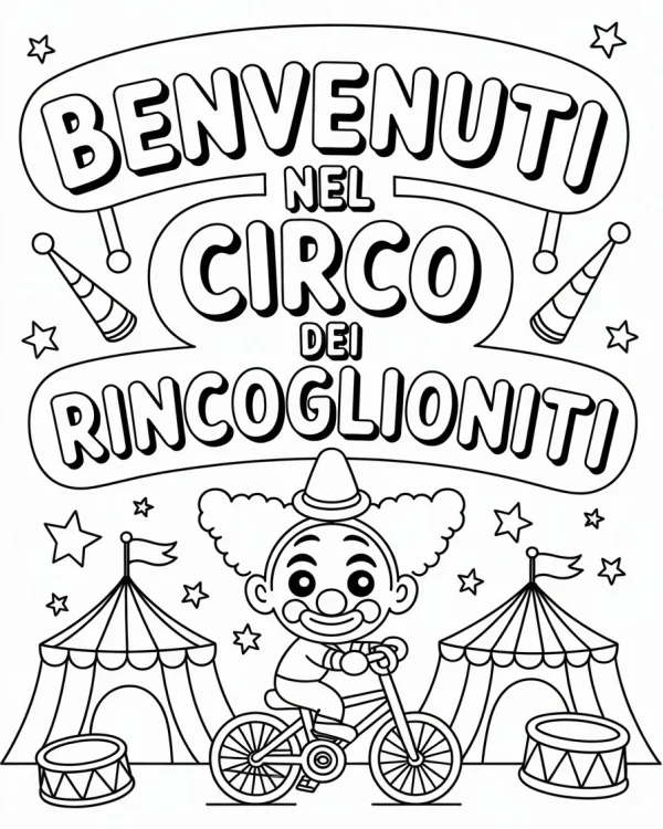 Cute clown riding a bicycle, cartoon style — free printable circus coloring book page