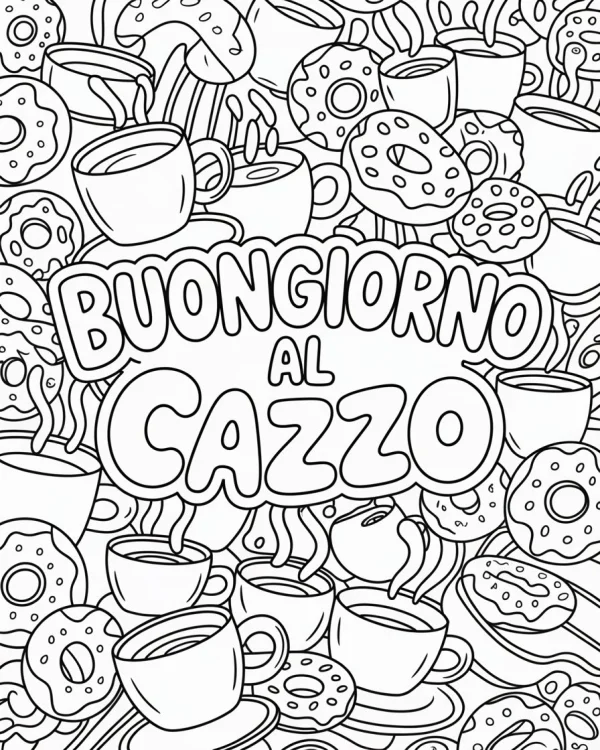 Cartoon style coffee cups and donuts surrounding vulgar italian text 'buongiorno al cazzo', dense playful doodle patterns — free printable parody coloring book page