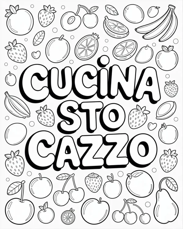 Bold cartoon-style text 'cucina sto cazzo' surrounded by various fruits including strawberries, apples — free printable parody coloring book page