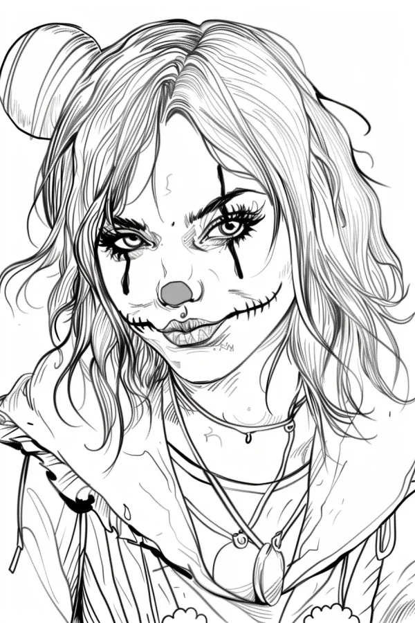 Horror female clown with curly hair, dark hand-drawn sketch style — free printable clown coloring book page