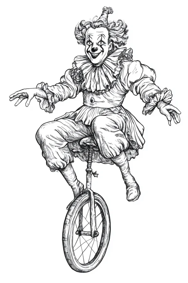 Vintage clown riding a unicycle, sketch and vintage style — free printable circus coloring book page