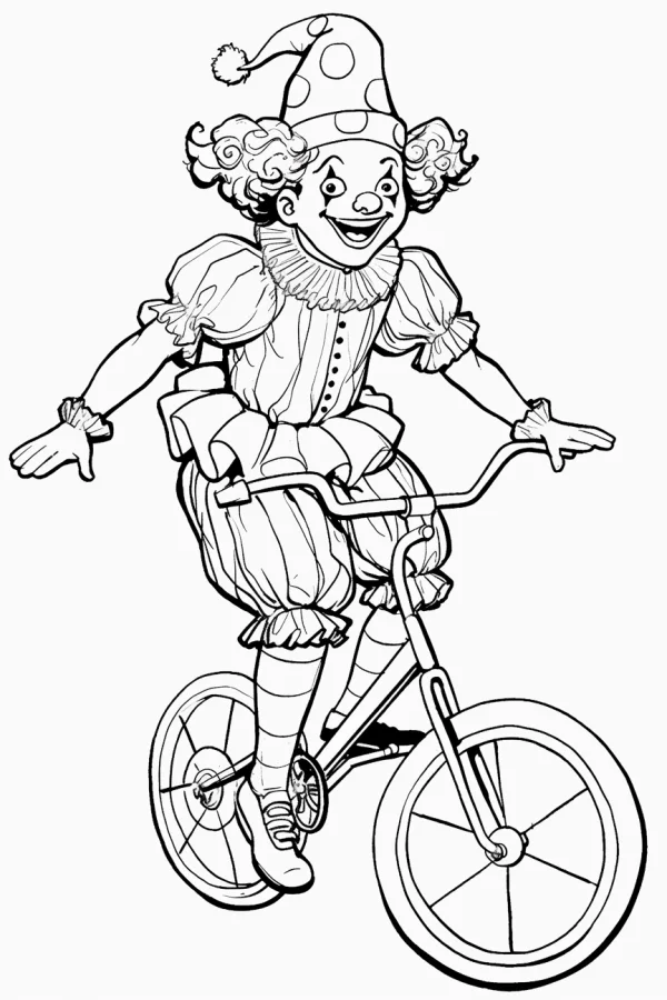 Clown riding a small bicycle, cartoon style — free printable circus coloring book page