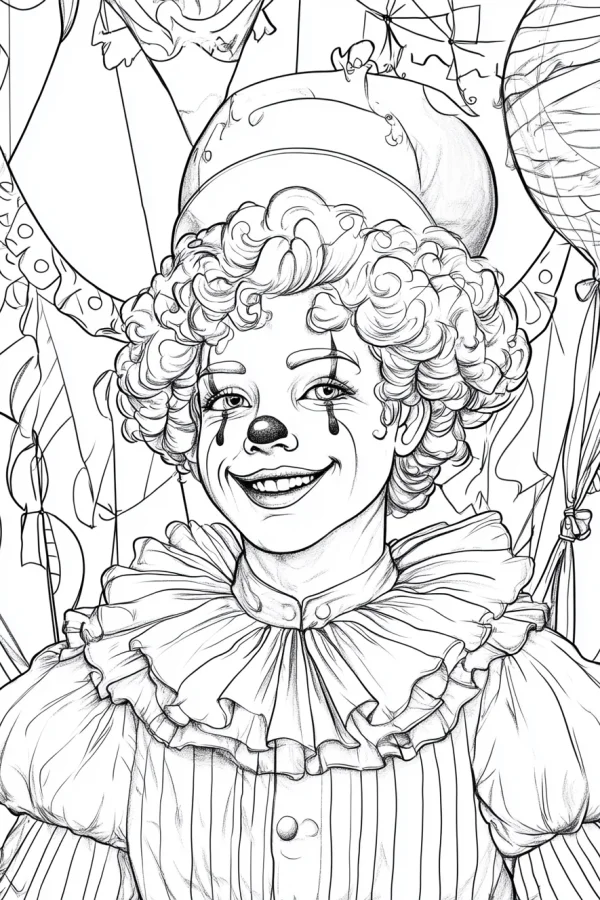 Creepy clown with curly wig, realistic line art style — free printable circus coloring book page