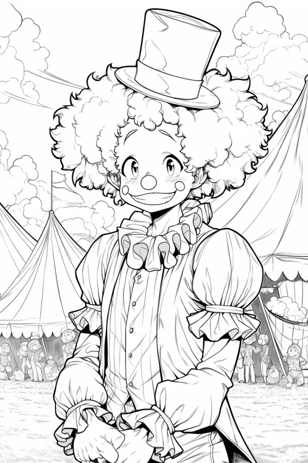 Cute circus clown with curly hair and top hat, cartoon style — free printable circus coloring book page