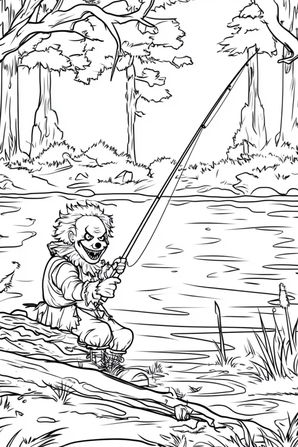 Creepy clown fishing by the river in forest, horror cartoon style — free printable fishing coloring book page