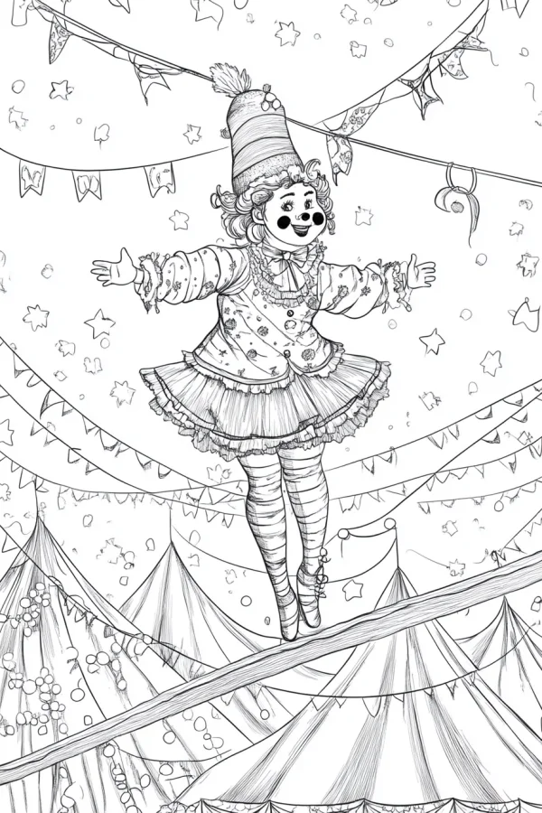 Tightrope-walking clown in frilly circus outfit, cartoon style — free printable circus coloring book page