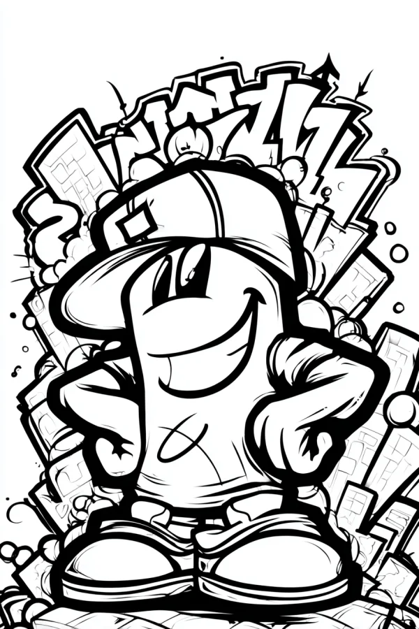 Playful cartoon character with hands on hips wearing baseball cap and sneakers, graffiti art style — free printable graffiti art coloring book page
