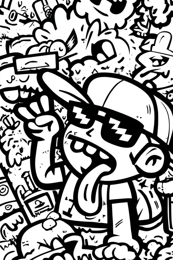 Quirky cartoon boy wearing baseball cap and lightning-patterned sunglasses, sticking out long tongue — free printable trend coloring book page