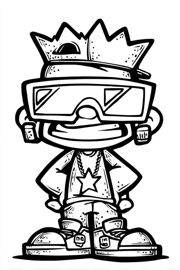 Hip-hop style cartoon boy, wearing oversized sunglasses — free printable hip hop coloring book page