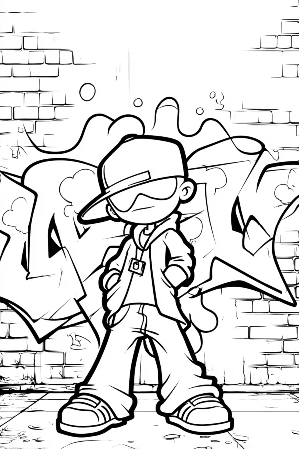 Hip-hop style cartoon boy wearing cap and sunglasses, standing in front of brick wall with graffiti art — free printable hip hop coloring book page