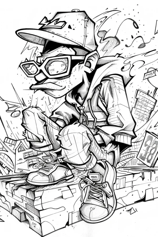 Coloring book page, hip-hop style cartoon character wearing cap and big glasses — free printable hip hop coloring book page