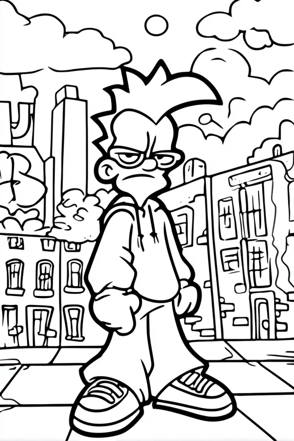 Cool cartoon boy with glasses in hoodie, street cartoon style — free printable street coloring book page