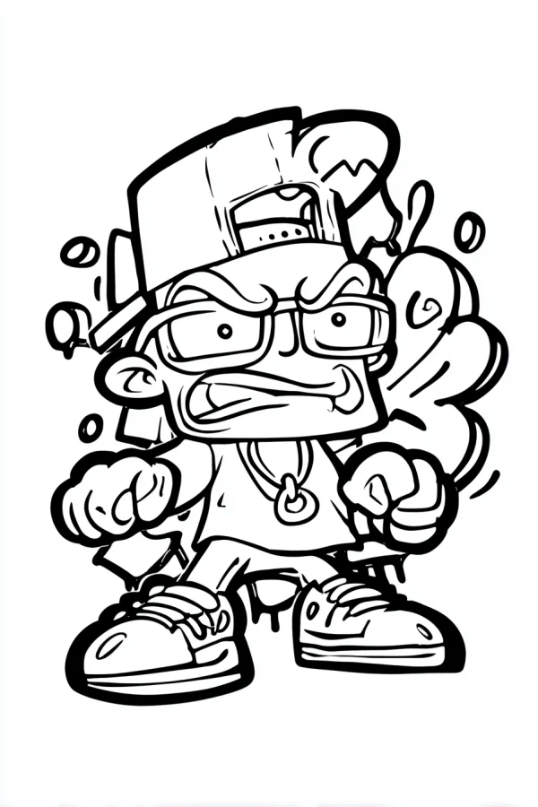 Angry street cartoon boy, cartoon graffiti style — free printable street fashion coloring book page