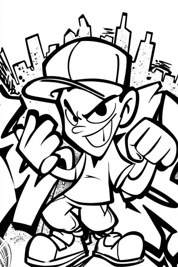Hip-hop cartoon boy wearing baseball cap, street graffiti style — free printable hip hop coloring book page