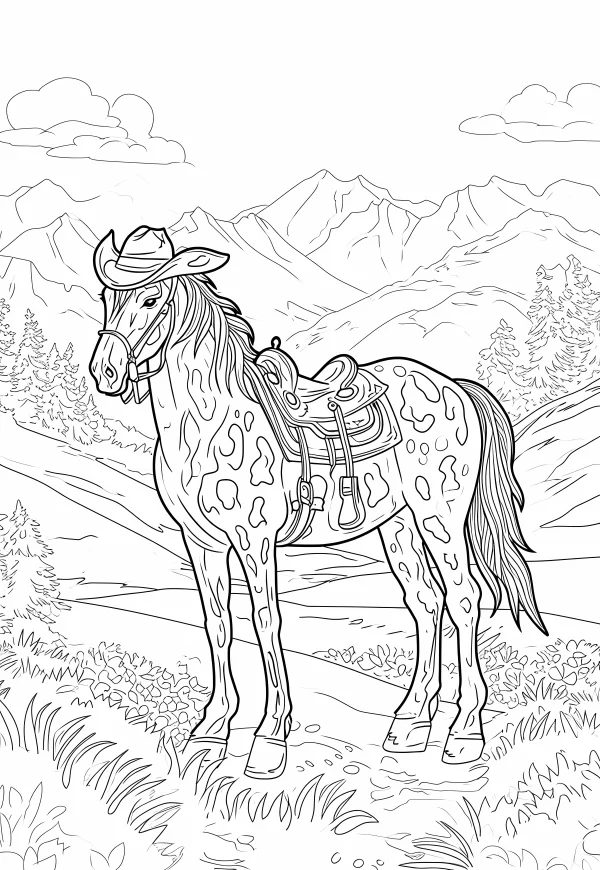 Spotted horse wearing cowboy hat with saddle, western grassland landscape with mountains — free printable western cowboy coloring book page