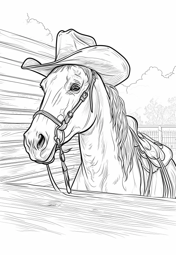 Coloring book page, horse wearing cowboy hat — free printable western cowboy coloring book page