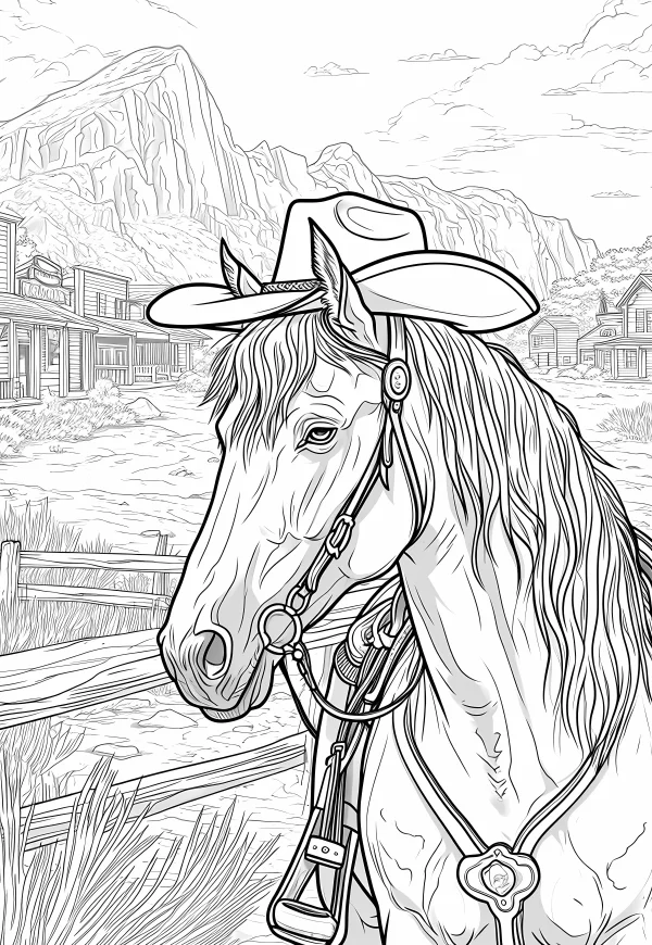 Horse wearing cowboy hat, realistic line art — free printable western town coloring book page