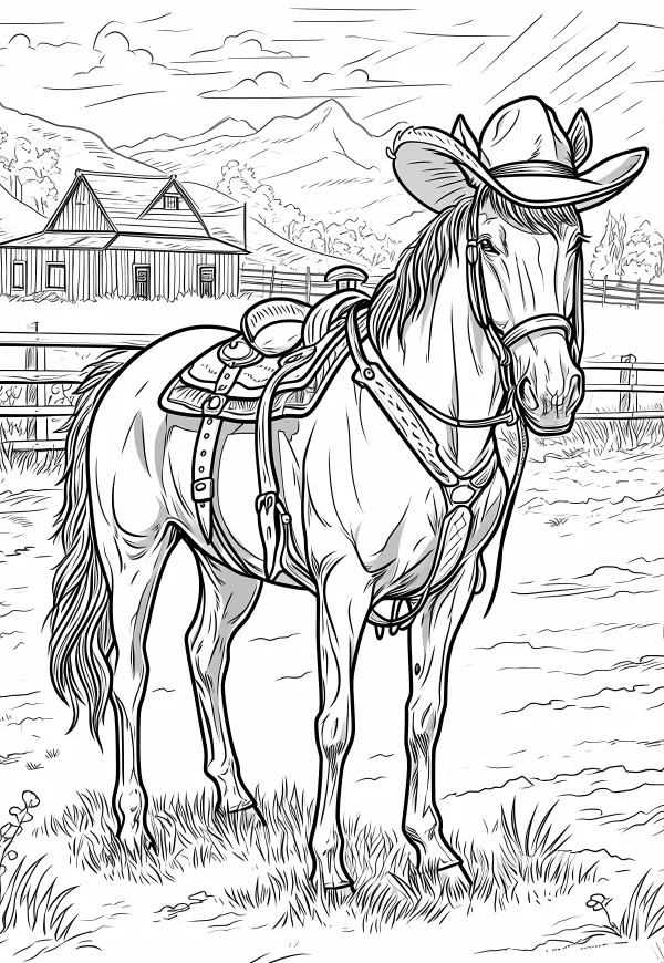 Horse wearing cowboy hat with saddle, realistic sketch style — free printable western cowboy coloring book page