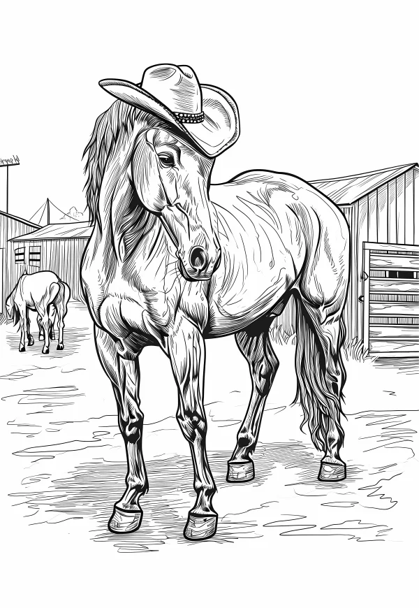 Horse wearing cowboy hat, realistic sketch style — free printable western cowboy coloring book page