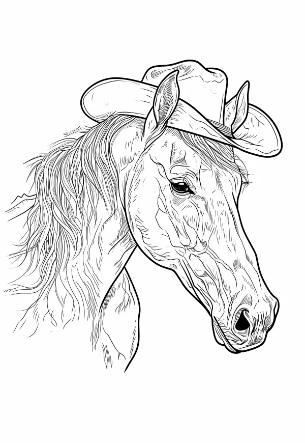 Horse wearing cowboy hat, realistic sketch style — free printable western cowboy coloring book page