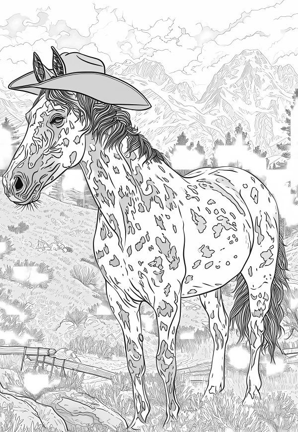 Spotted horse wearing cowboy hat, realistic illustration style — free printable west coloring book page