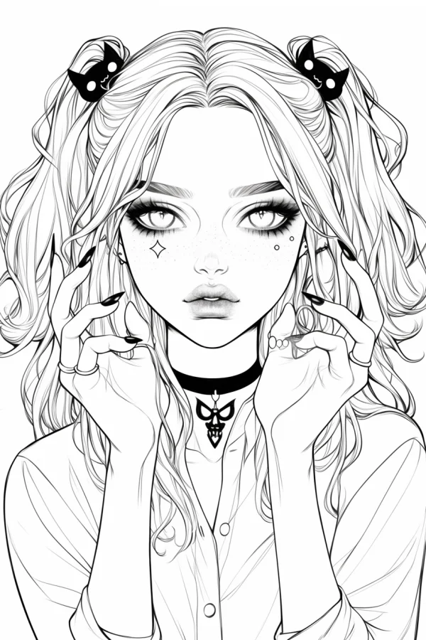 Anime girl with cat hair clips, twin curly ponytails — free printable cute style coloring book page