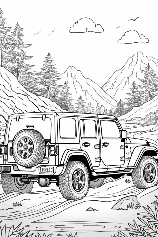 Off-road jeep on a dirt country path, realistic line art — free printable outdoor adventure coloring book page