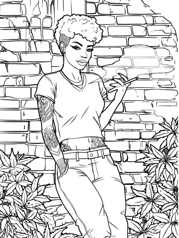 Cool tattooed girl with curly short hair, standing against cracked brick wall — free printable street coloring book page