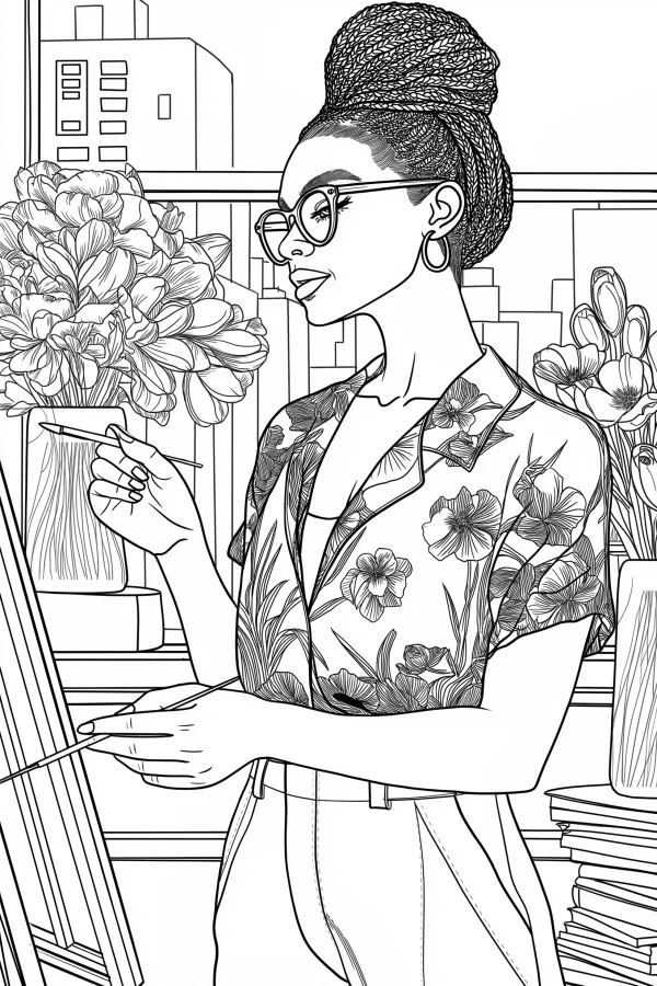 Coloring book page, female artist with braided bun and glasses painting at easel — free printable artist coloring book page