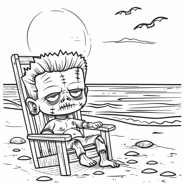Cartoon frankenstein's monster sitting on wooden beach chair, cartoon style — free printable beach vacation coloring book page