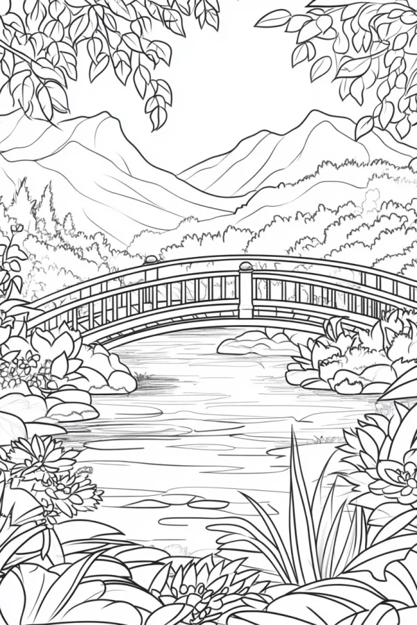 Garden landscape with arched bridge over pond, natural scenery with distant mountains — free printable gardens coloring book page