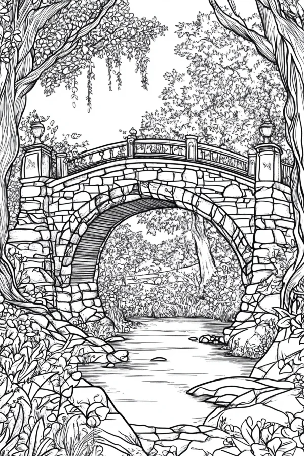 Stone arch bridge over stream in garden landscape, realistic line art style — free printable gardens coloring book page