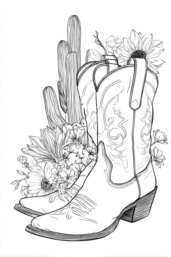 Cowboy boots paired with cacti and flowers, american western style — free printable western style coloring book page