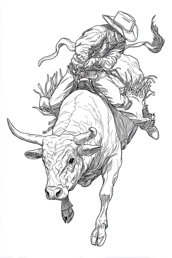 Cowboy riding a bucking bull, realistic sketch art style — free printable western cowboy coloring book page