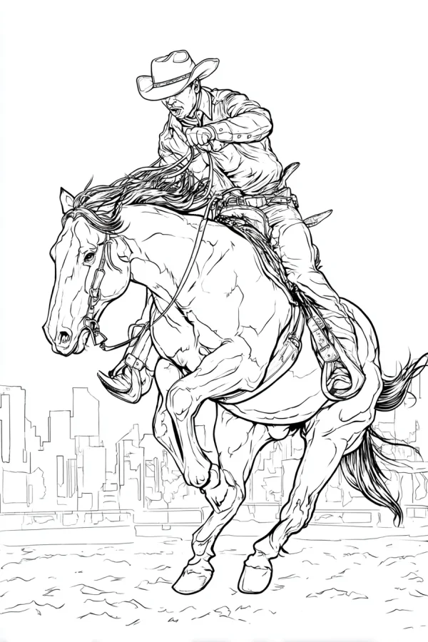Cowboy riding a horse, realistic line art style — free printable west coloring book page