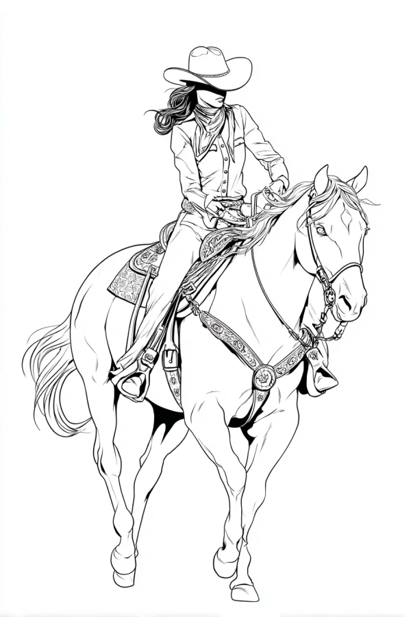 Female cowboy riding a horse, realistic style — free printable career theme coloring book page