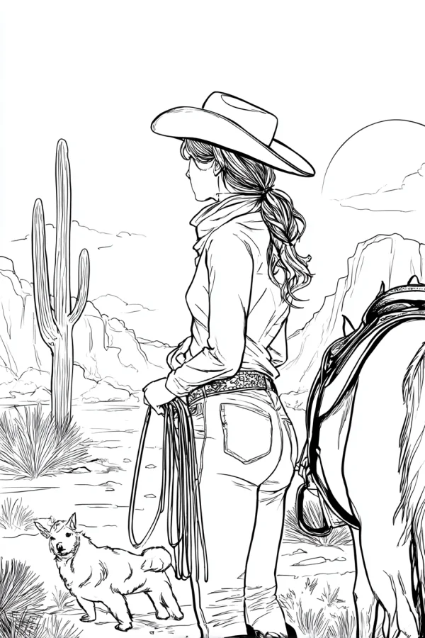 Female cowboy in western desert, realistic line art — free printable cowboy coloring book page
