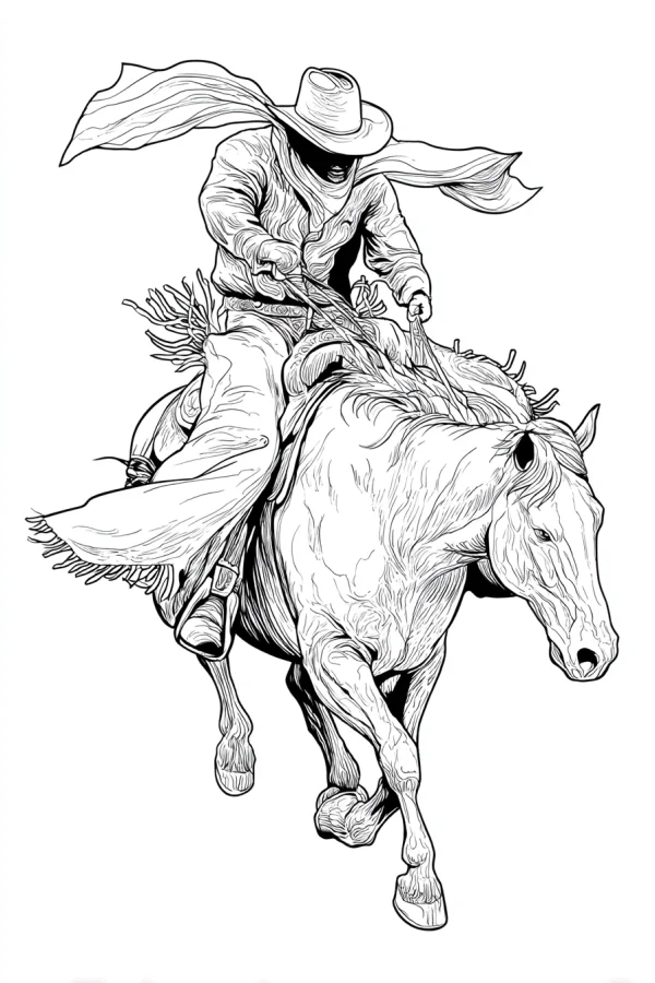 Cowboy riding a horse, realistic line art style — free printable cowboy coloring book page