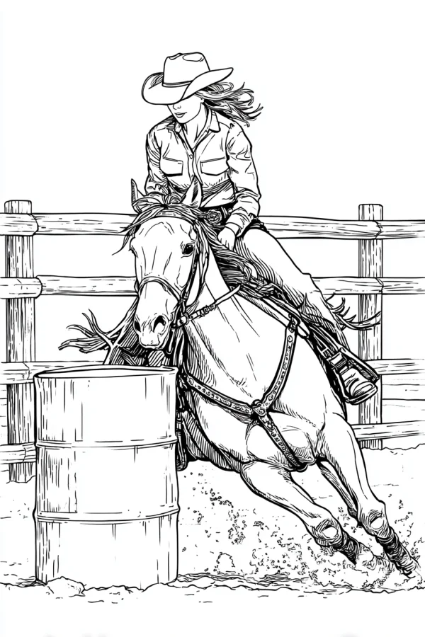 Cowgirl riding horse around barrel, western equestrian scene — free printable cowboy coloring book page