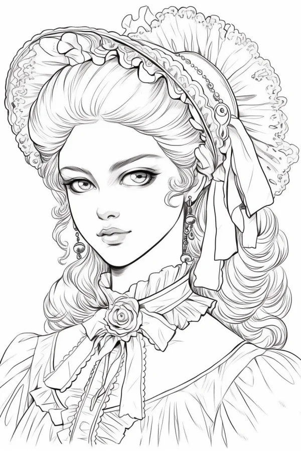 Vintage noble woman, victorian style — free printable victorian coloring book page