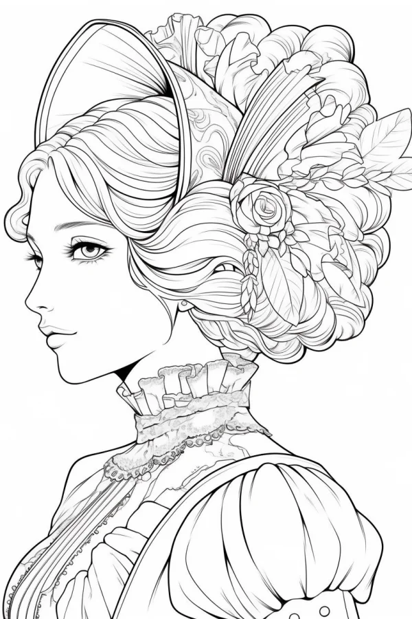 Vintage victorian noble woman portrait, retro victorian style — free printable victorian coloring book page