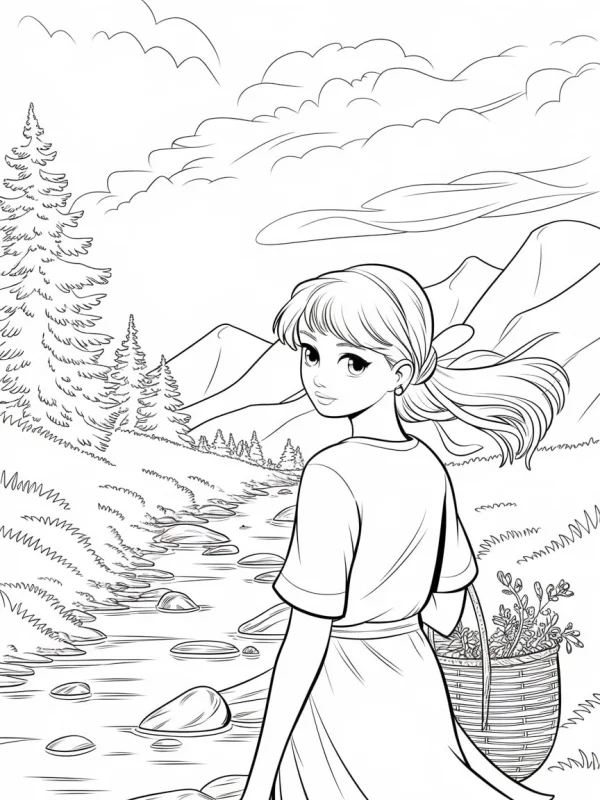 Girl with basket by the river, cartoon style — free printable hiking coloring book page