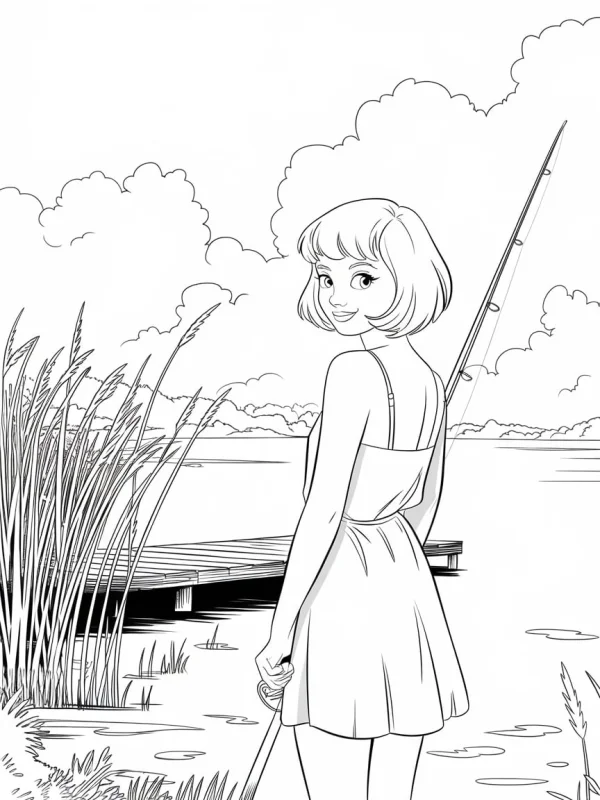 Short-haired girl holding fishing rod, cartoon style — free printable fishing coloring book page