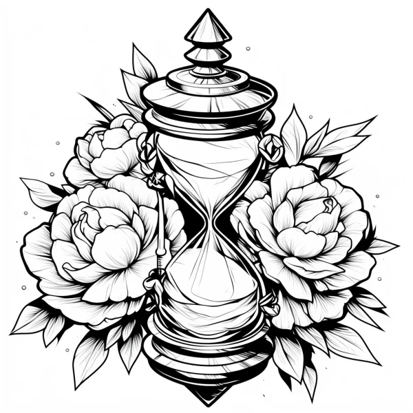 Coloring book page, hourglass surrounded by peonies — free printable time coloring book page