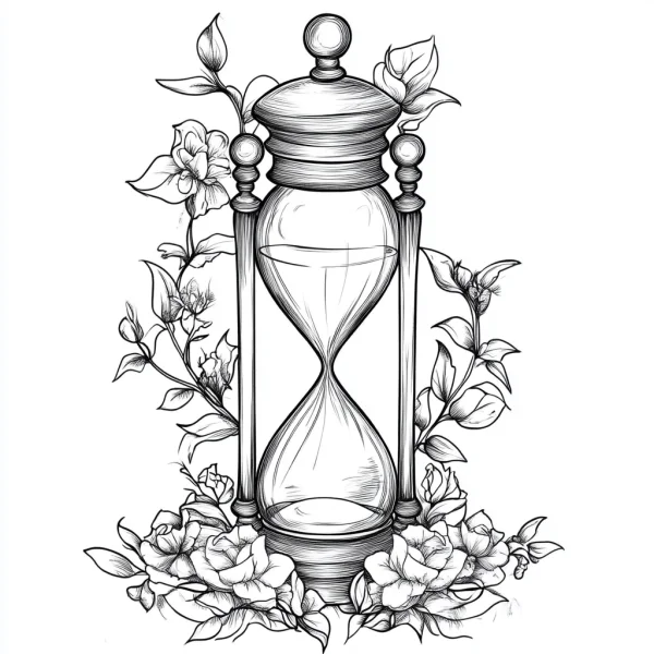 Hourglass surrounded by roses and various flowers, sketch style — free printable time coloring book page