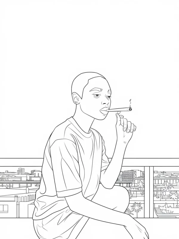 Bald person smoking a cigarette, sketch style — free printable urban daily life coloring book page
