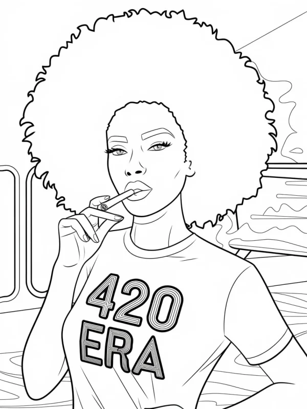 Trendy girl with afro hairstyle, wearing t-shirt printed with '420 era' — free printable trendy culture coloring book page